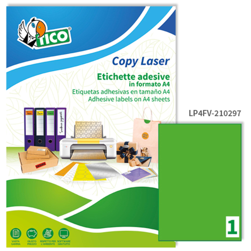 Etichetta adesiva LP4F verde fluo 70fg A4 210x297mm (1et/fg Tico
